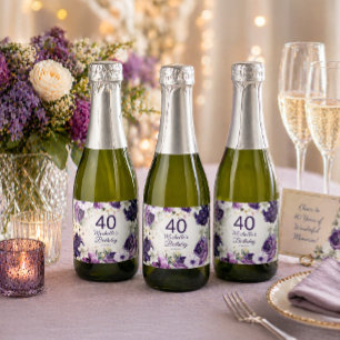 Paarse Witte Bloem Glitter 40e Verjaardag Naam Sparkling Wijnetiket