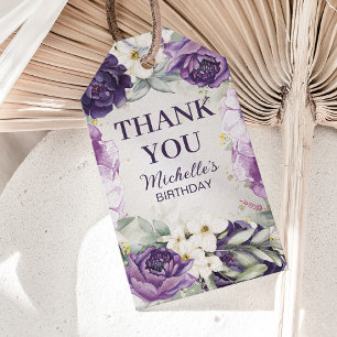 Paarse Witte Bloem Glitter Verjaardag Bedankt Cadeaulabel
