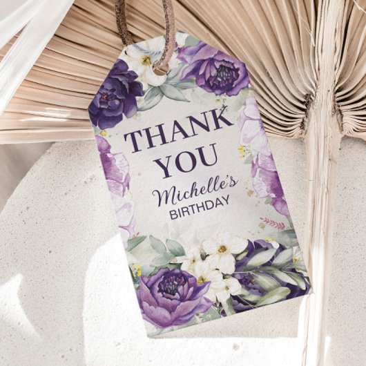 Paarse Witte Bloem Glitter Verjaardag Bedankt Cadeaulabel