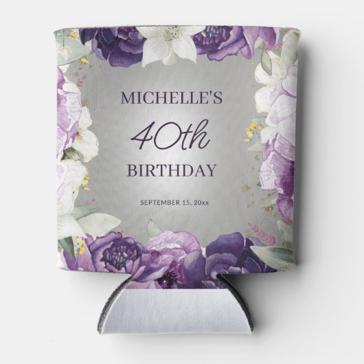 Paarse Witte Bloemen 40e Verjaardag Blikjeskoeler (Voorkant)
