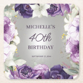 Paarse Witte Bloemen 40e Verjaardag Kartonnen Onderzetters (Voorkant)
