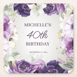 Paarse Witte Bloemen 40e Verjaardag Kartonnen Onderzetters