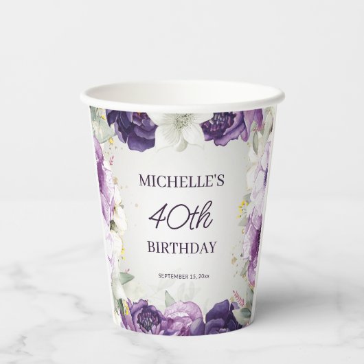 Paarse Witte Bloemen 40e Verjaardag Papieren Bekers (Achterkant)