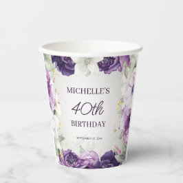 Paarse Witte Bloemen 40e Verjaardag Papieren Bekers