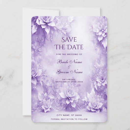 Paarse witte bloemen bewaren de datum save the date (Voorkant)