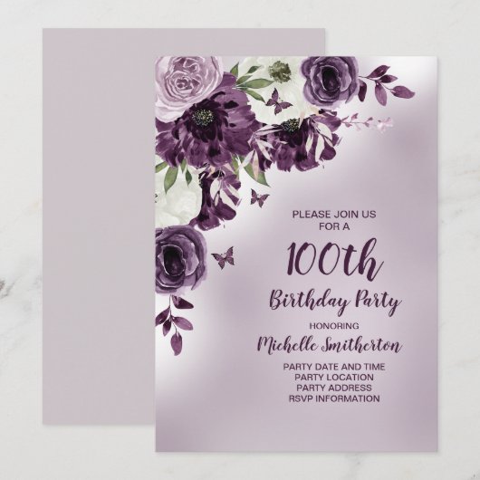 Paarse witte bloemen Butterflies 100e verjaardag Kaart (Voorkant / Achterkant)
