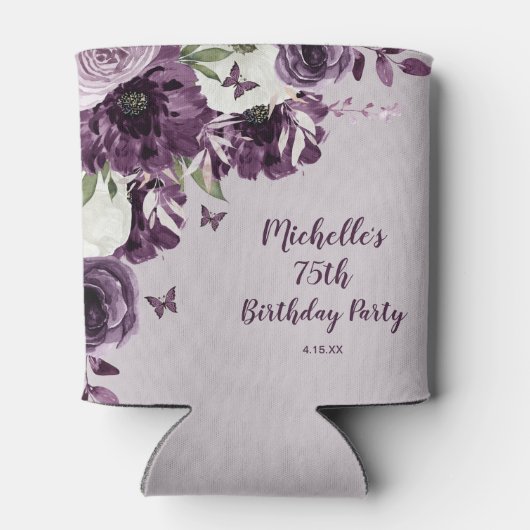 Paarse witte bloemen Butterflies 75e verjaardag Blikjeskoeler (Achterkant)