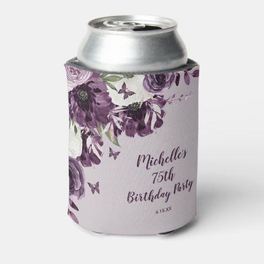 Paarse witte bloemen Butterflies 75e verjaardag Blikjeskoeler (Blikje Achterkant)