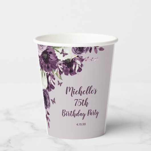 Paarse witte bloemen Butterflies 75e verjaardag Papieren Bekers (Achterkant)