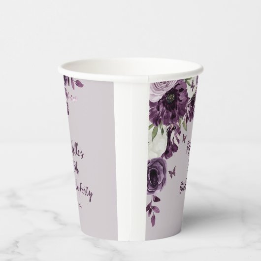 Paarse witte bloemen Butterflies 75e verjaardag Papieren Bekers (Rechts)