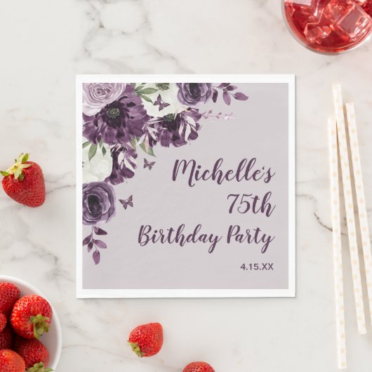 Paarse witte bloemen Butterflies 75e verjaardag Servet (Insitu)