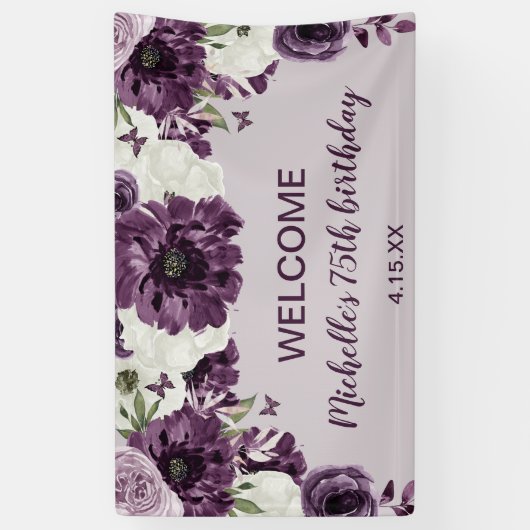 Paarse witte bloemen Butterflies 75e verjaardag Spandoek (Verticaal)