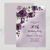 Paarse witte bloemen Butterflies 90th Birthday Kaart (Voorkant / Achterkant)