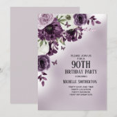 Paarse witte bloemen Butterflies 90th Birthday Kaart (Voorkant / Achterkant)