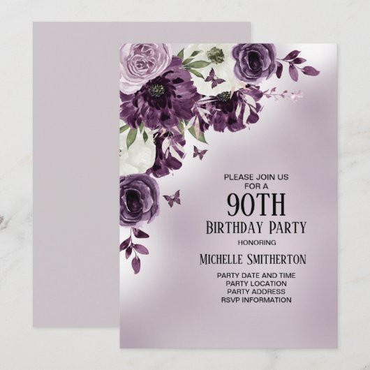 Paarse witte bloemen Butterflies 90th Birthday Kaart (Voorkant / Achterkant)