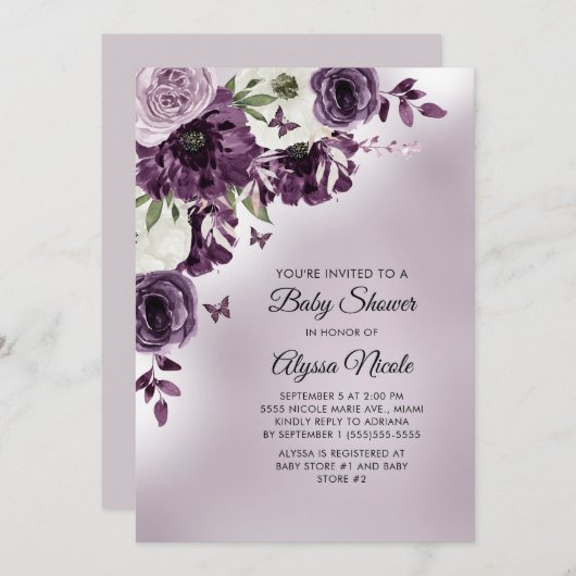 Paarse witte bloemen Butterflies Baby shower Kaart (Voorkant / Achterkant)