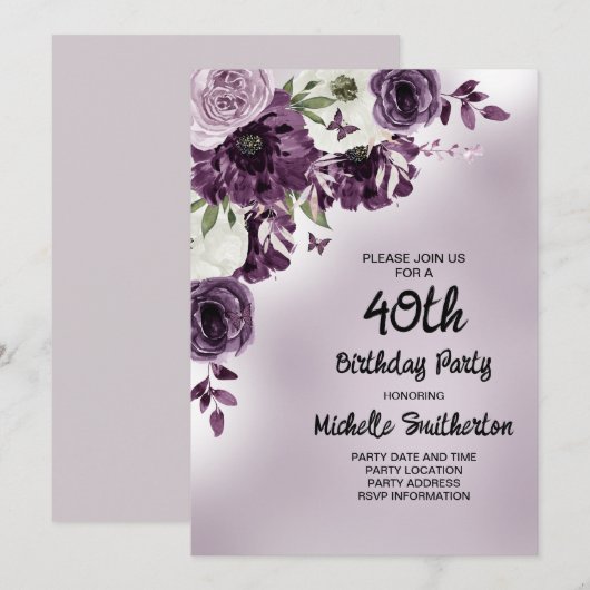 Paarse witte bloemen Butterflies Vrouwenveertigste Kaart (Voorkant / Achterkant)