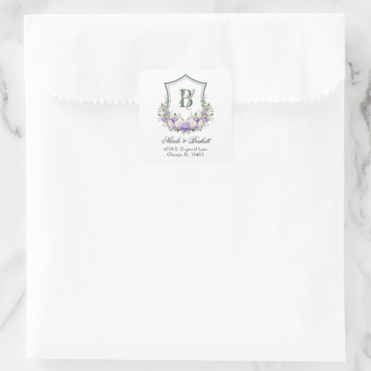 Paarse Witte Bloemen Crest Bruiloft Retouradres Vierkante Sticker (Tas)