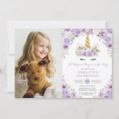 Paarse Witte Bloemen Eenhoorn 5e 7e Verjaardag Fot Kaart (Voorkant)