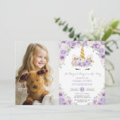 Paarse Witte Bloemen Eenhoorn 5e 7e Verjaardag Fot Kaart (Staand voorkant)