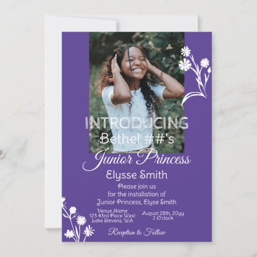 Paarse, witte bloemen en polka dots prinsessenfees kaart (Voorkant)