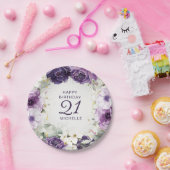 Paarse Witte Bloemen Happy Birthday Naam Leeftijd Papieren Bordje (Feest)