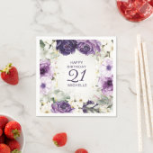 Paarse Witte Bloemen Happy Birthday Naam Leeftijd Servet (Insitu)