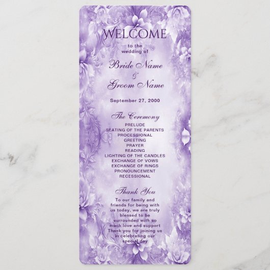 Paarse witte bloemen huwelijksprogramma programmakaart (Voorkant)