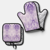 Paarse Witte Bloemen Mitt & Pot Holder Set (Voorkant / Achterkant)