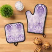 Paarse Witte Bloemen Mitt & Pot Holder Set (Top down)