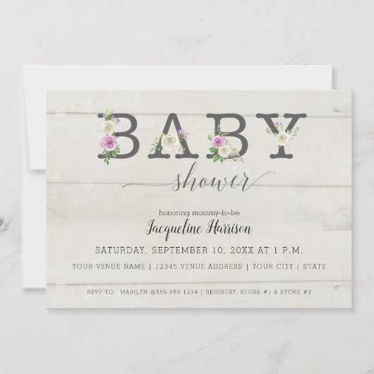 Paarse witte bloemen n hout | Meisje Baby shower Kaart (Voorkant)