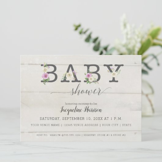 Paarse witte bloemen n hout | Meisje Baby shower Kaart (Staand voorkant)