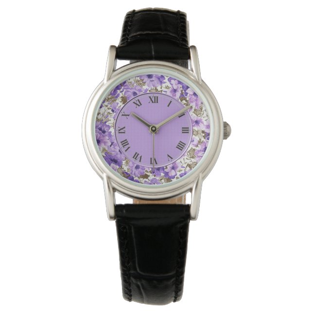  Paarse & Witte Bloemen polshorloge Horloge (Voorkant)