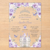 Paarse witte bloemen Princess Castle Quinceañera X Acryl Uitnodigingen (Voorkant)