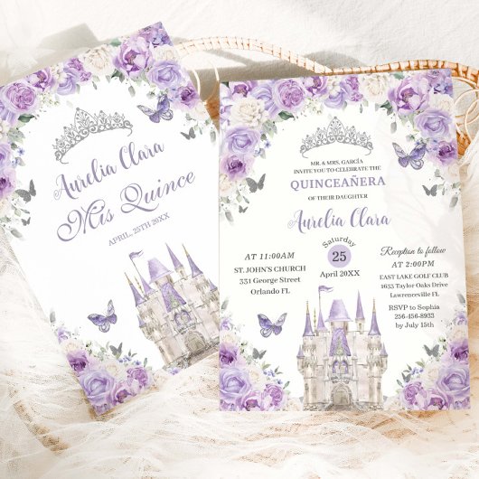 Paarse witte bloemen Princess Castle Quinceañera X Kaart
