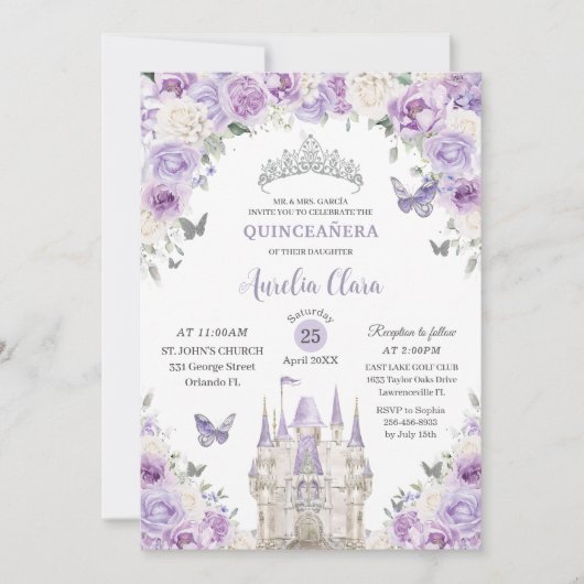 Paarse witte bloemen Princess Castle Quinceañera X Kaart (Voorkant)