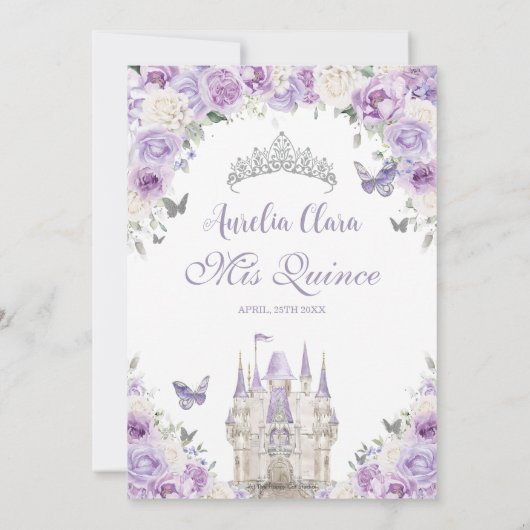 Paarse witte bloemen Princess Castle Quinceañera X Kaart (Achterkant)