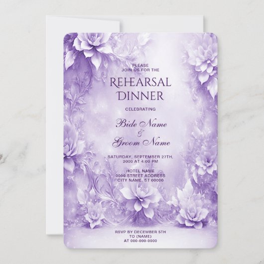 Paarse witte bloemen repetitie dineruitnodiging kaart (Voorkant)