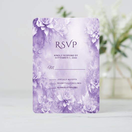 Paarse witte bloemen RSVP-kaart RSVP Kaartje (Staand voorkant)