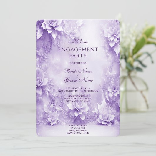 Paarse witte bloemen Verloving uitnodiging (Staand voorkant)