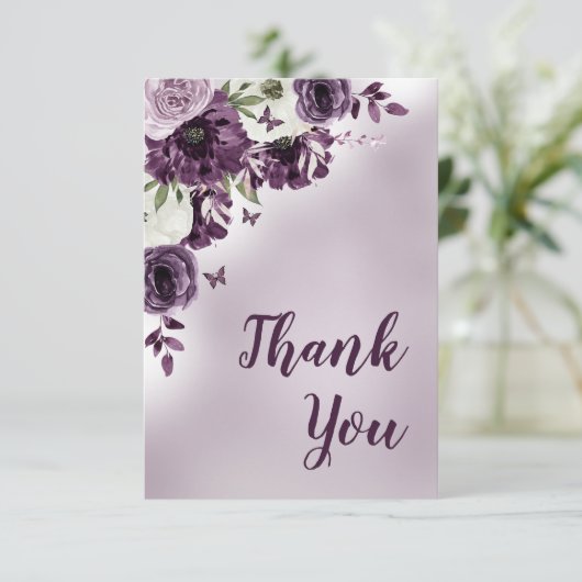 Paarse witte bloemen vlinders verjaardag bedankkaart (Staand voorkant)