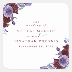 Paarse & Witte Bloemen Waterverf Bruiloft Vierkante Sticker
