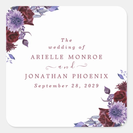 Paarse & Witte Bloemen Waterverf Bruiloft Vierkante Sticker (Voorkant)