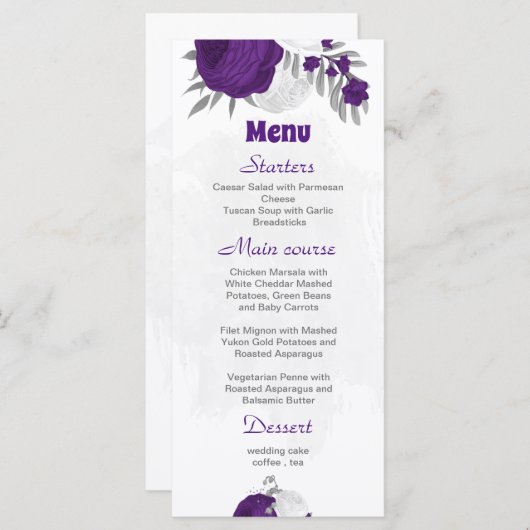 paarse witte bloemen zilverbotanische bruiloft menu (Voorkant / Achterkant)