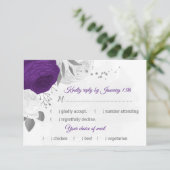 paarse witte bloemen zilveren botanische maaltijd  RSVP kaartje (Staand voorkant)