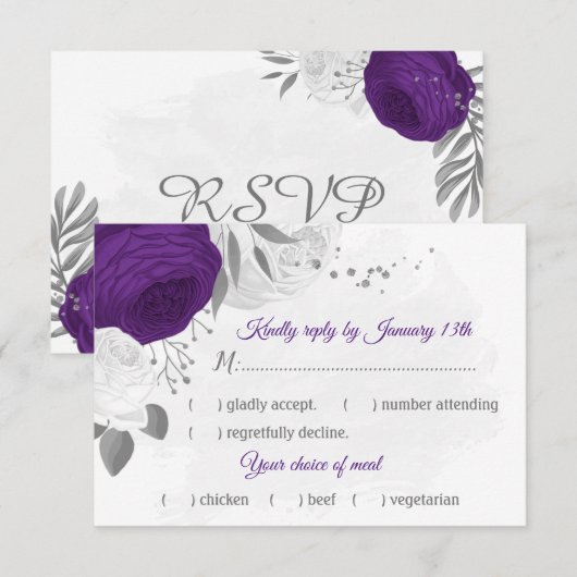 paarse witte bloemen zilveren botanische maaltijd  RSVP kaartje (Voorkant / Achterkant)
