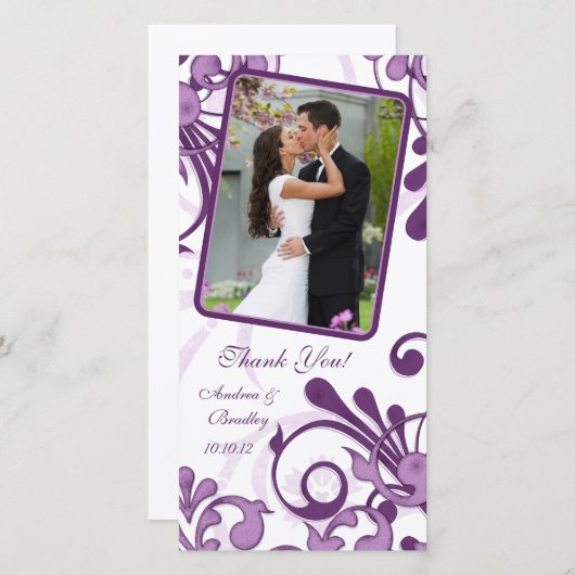 Paarse & witte bloemenbruiloft Dank u fotokaart Bedankkaart (Voorkant / Achterkant)