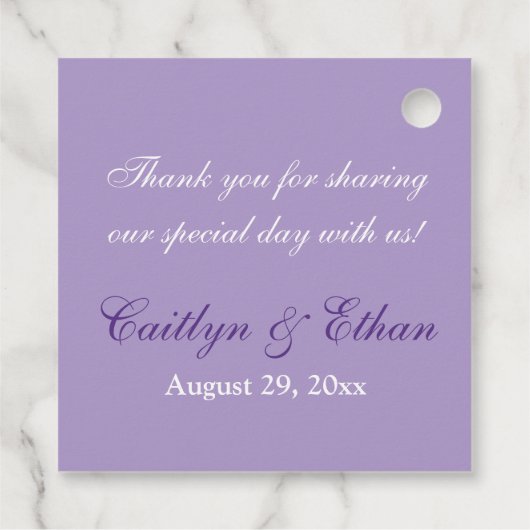 Paarse, witte bloemenbruiloft gunst Label (Achterkant)