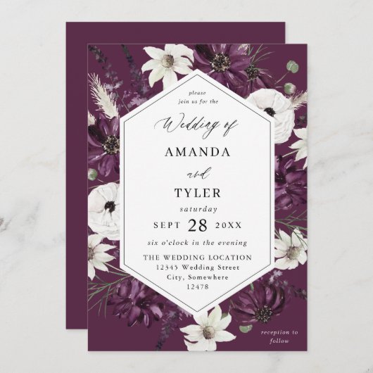 Paarse & witte bloemenbruiloft - Paarse Kaart (Voorkant / Achterkant)