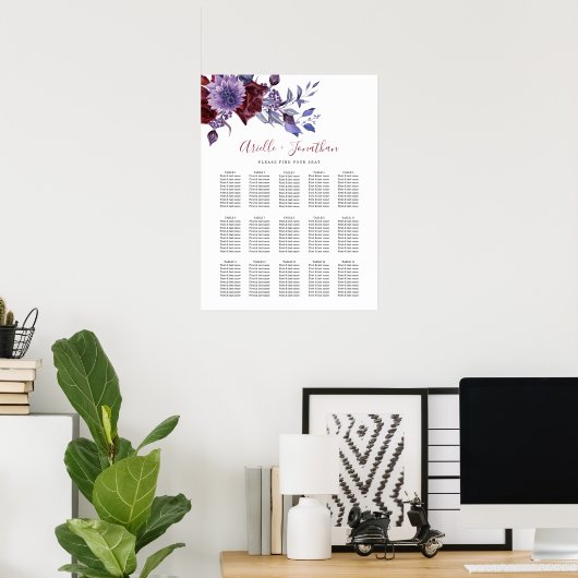 Paarse & witte bloemenbruiloft zitgrafiek poster (Thuiskantoor)